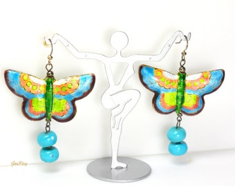 Declaração Mil Dangle Brincos Perfurados Flores Cloisonne Borboleta, Brincos Esmaltados Antigos Vintage
