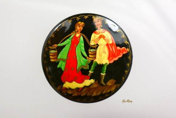 Russian Lacquer Brooch Hand Painted Signed by Arti