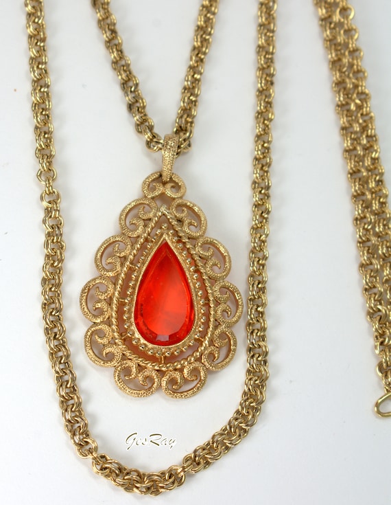 Avon Filigree Pendant Double Chain Necklace Orange Cabochon