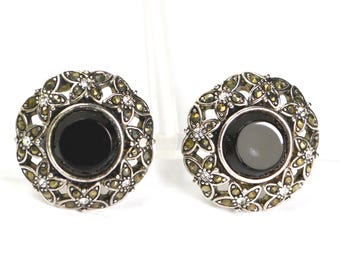 Vintage Monet Marcasite Black Clip On Earrings