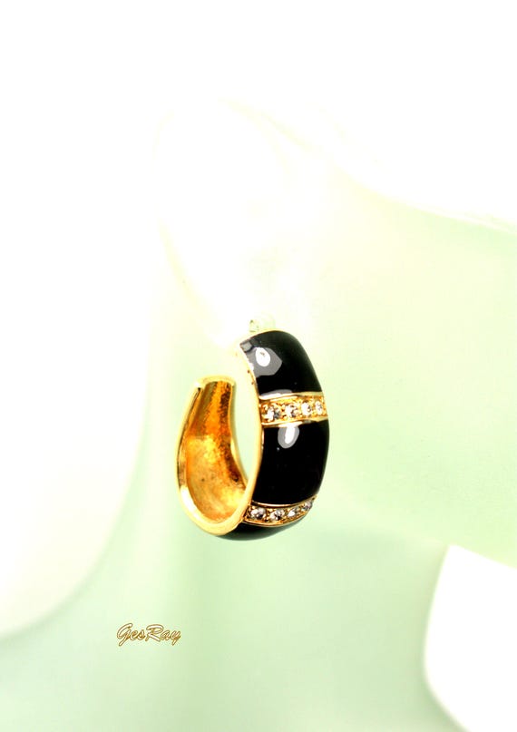 S.A.L. Swarovski Crystal Hoop Earrings: Black Enamel, Gold Plated