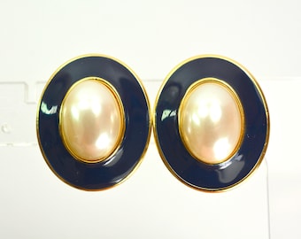Declaración Monet Gold Clip en pendientes imitación perla azul oscuro negro vintage diseñador