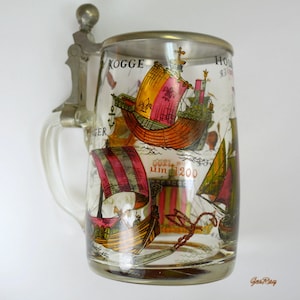 Vintage Pewter Beer Stein with Lid, Glass Beer Stein Mug, Hollander Wikinger, Tankard Rein Zinn Germany