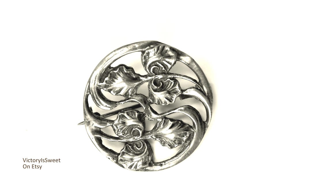 Antique Sterling Silver Brooch Pin Pendant Hand Wrought Floral Leaves ...