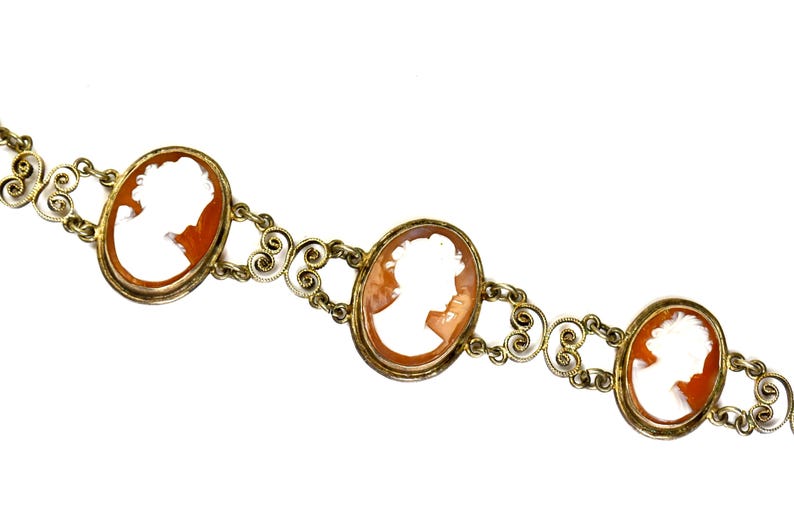 Antique Silver Cannetille Filigree Carved Shell Cameo Bracelet Necklace, Jewelry Set