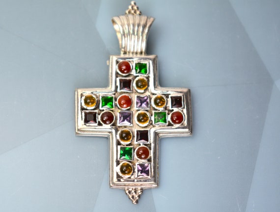 Vintage Cross Pendant Sterling Silver 925 Gemston… - image 2