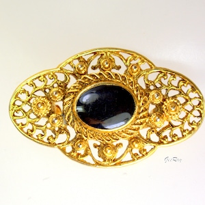 Victorian Style Goth Pin Brooch, Filigree Gold Black Cabochon, Vintage Costume Jewelry