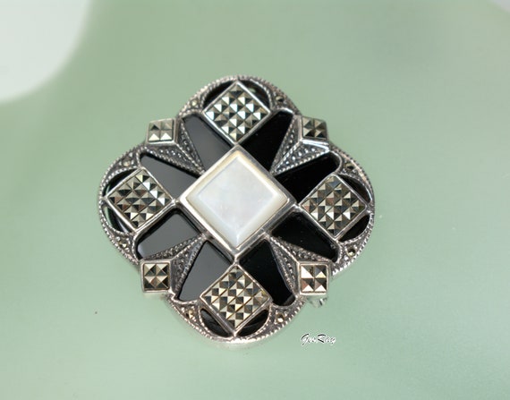 Art Deco Sterling Silver Onyx Brooch Pin Marcasit… - image 2