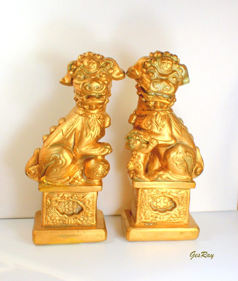 2 Gold Foo Dog Bookends, San Pacific Intl Chinese Imperial Guardian Lion Statues, Vintage Feng Shui Protection Decor