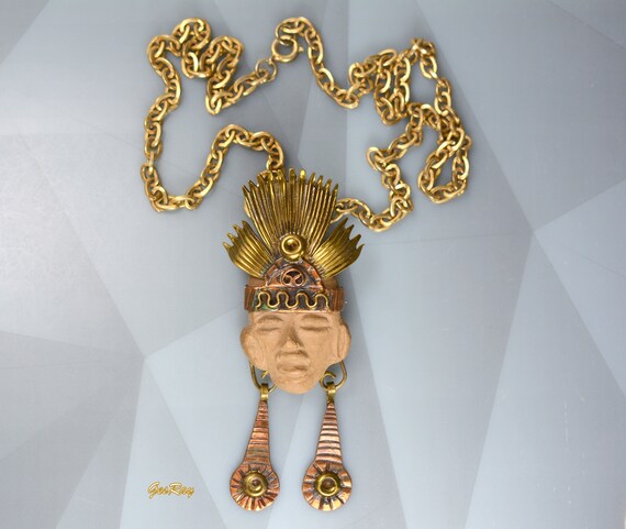 Aztec Warrior Face Brooch Pendant Mexican Vintage… - image 3