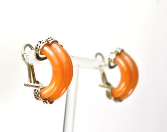 Orecchini a cerchio piccoli vintage in argento sterling 925 con corniola, stile Art Déco.