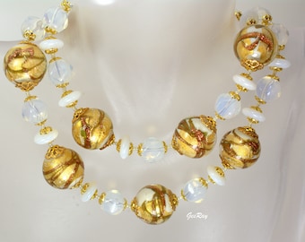 Vintage Italian Venetian Gold Foil Glass Beaded Necklace and Opalescent Quartz Beads