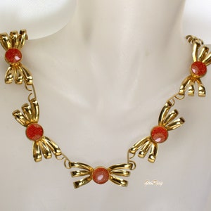 MCM Choker Necklace, Retro Gold Ribbon Bow Link Collar, Sandstone Jewelry