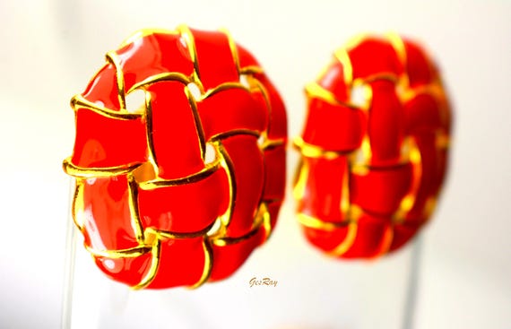 Large Clip On Earrings Statement Button Gold Tone… - image 2