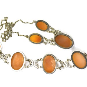Antique Silver Cannetille Filigree Carved Shell Cameo Bracelet Necklace, Jewelry Set