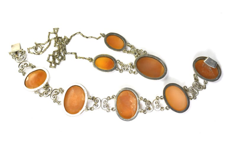 Antique Silver Cannetille Filigree Carved Shell Cameo Bracelet Necklace, Jewelry Set