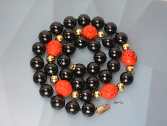Vintage Onyx Carved Cinnabar Beaded Necklace Bead… - image 4