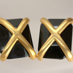 Les Bernard Clip On Earring Statement Matte Gold Black Lucite Stone Earrings, Designer Couture Jewelry
