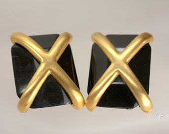 Les Bernard Clip On Earrings: Matte Gold & Black Lucite, Couture Jewelry