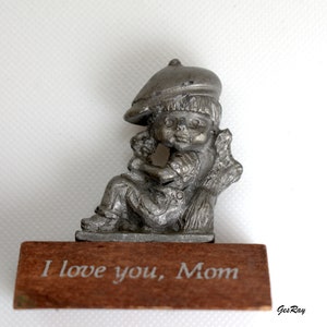 Vintage Pewter Boy Figurine: &quot;I Love You Mom&quot; Wooden Base