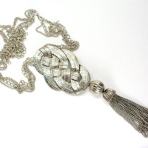 Mid Century Modern Silver Tone Rope Tassel Necklace, Dangle Chains Pendant, Statement Couture