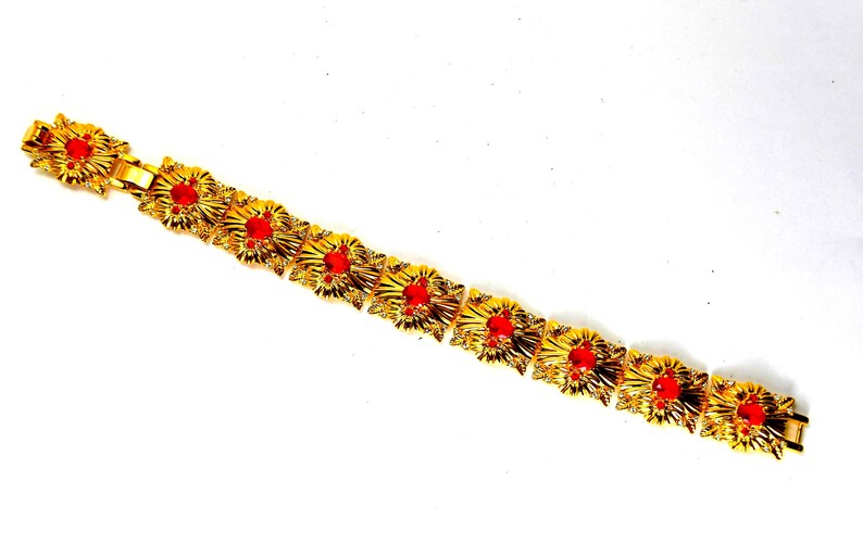 Camrose and Kross Jacqueline Kennedy Jewelry Bracelet JBK Faux Ruby Crystals Gold Tone, Original box, Papers