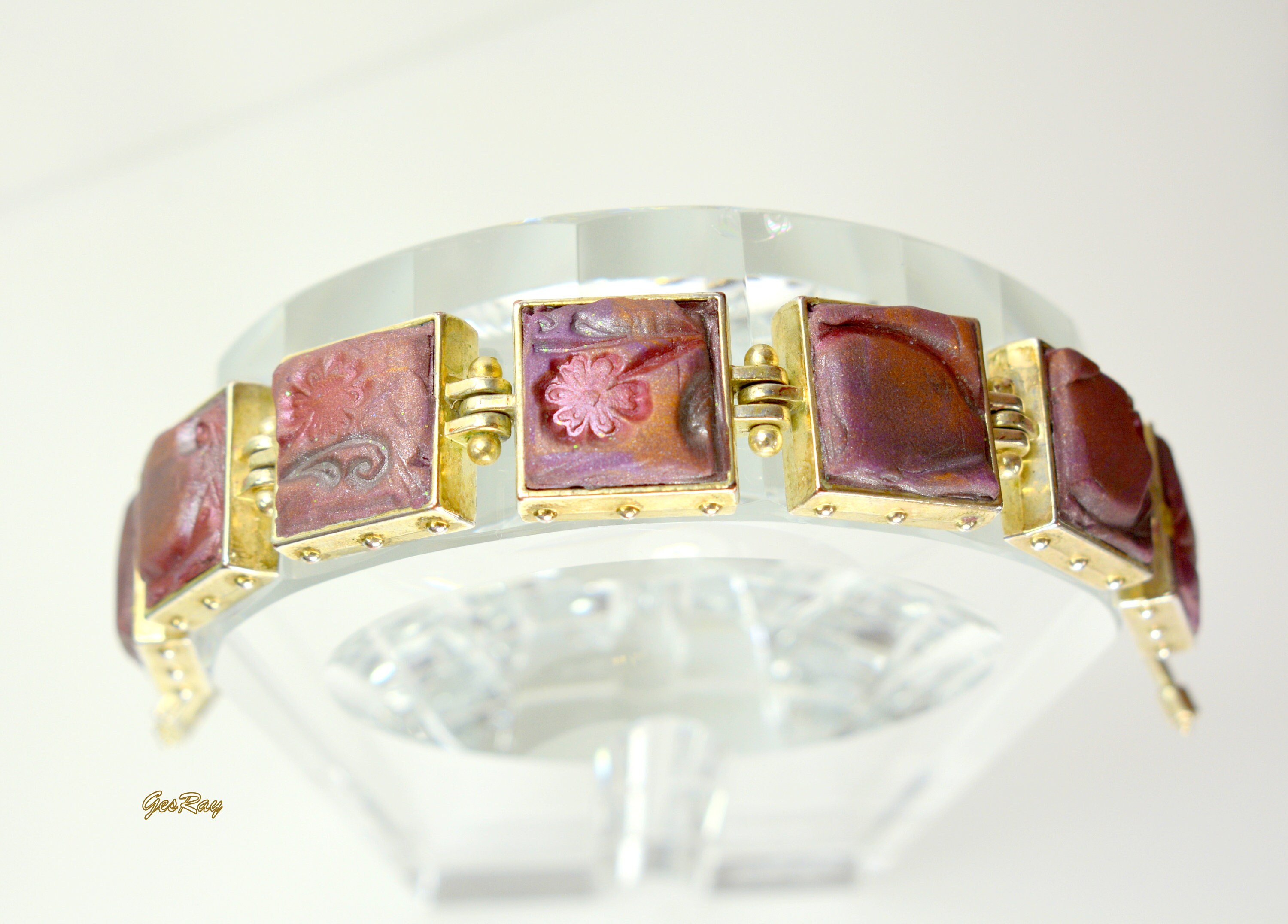 MCM Panel Bracelet Link Mid Century Modern, Pressed Glass