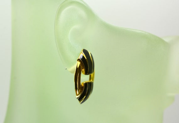 Statement Crown Trifari Earrings Black Enamel Gol… - image 5