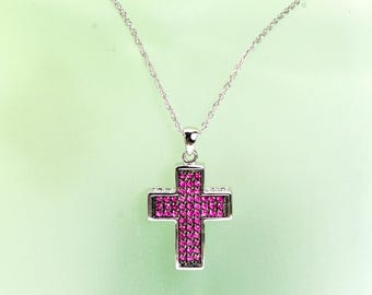 925 Sterling Silver Cross Pendant Necklace Lab Created Pink