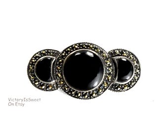 アールデコ マーカサイト オニキス ブローチ 925 シルバー ナベット