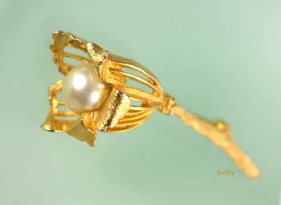 3D Flower Pin Brooch Signed BSK Gold Pearl - image 1