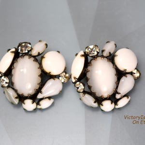 Schreiner of NY Marked Earrings White Moonglow Rhinestones in Japanned Setting
