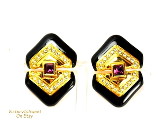 Boucles D'oreilles Clip Vintage KENNETH JAY LANE - Strass Cabochon Couleur Rubis, Occasion Signé
