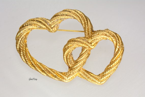 Vintage Gold Rope Knot Double Hearts Twisted Rope… - image 5