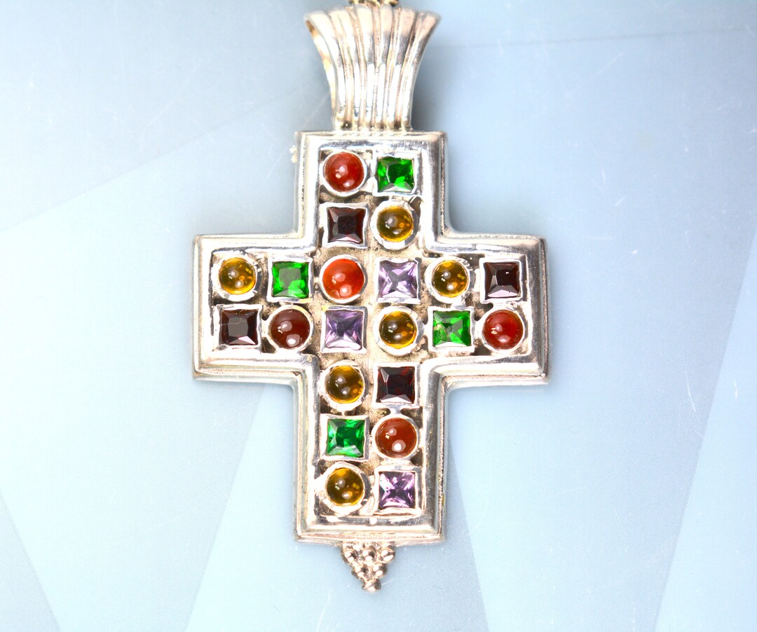 Vintage Cross Pendant Sterling Silver 925 Gemstone Cabochons Large - Etsy