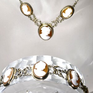 Antique Silver Cannetille Filigree Carved Shell Cameo Bracelet Necklace, Jewelry Set