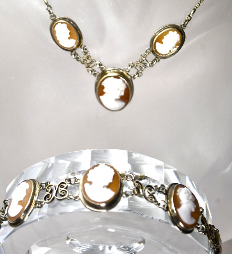 Antique Silver Cannetille Filigree Carved Shell Cameo Bracelet Necklace, Jewelry Set