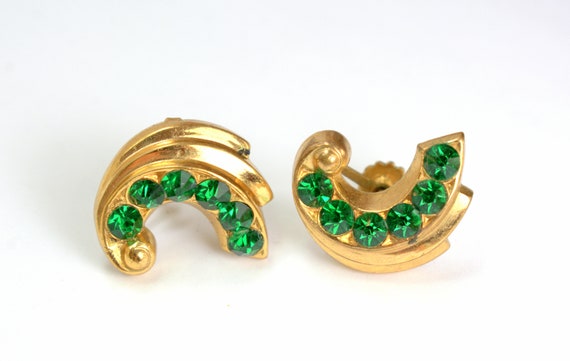 Vintage Emerald Green Rhinestone Earrings Screw B… - image 1