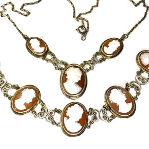 Antique Silver Cannetille Filigree Carved Shell Cameo Bracelet Necklace, Jewelry Set