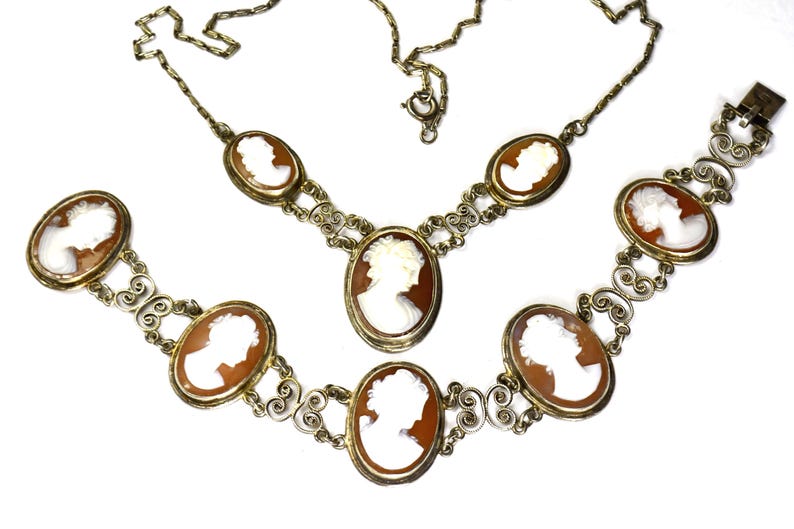 Antique Silver Cannetille Filigree Carved Shell Cameo Bracelet Necklace, Jewelry Set