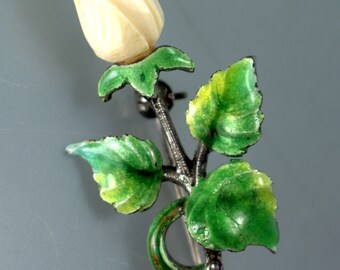 Broche Ancienne En Argent émaillée - Motif Roses, Bijou Vintage (réf. K6)