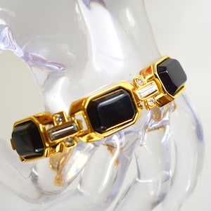 Pulsera de eslabones Trifari con corona y piedras negras de cristal, joyería vintage Trifari