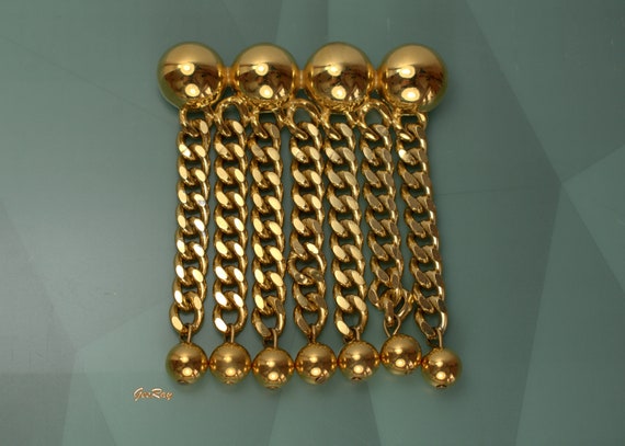 Statement Bar Pin Brooch, Gold Chain Dangles, Uns… - image 3