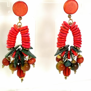 Multi-color Wooden Bead Earrings Frank Hess Miriam Haskell Unsigned, Wood Bead Jewelry
