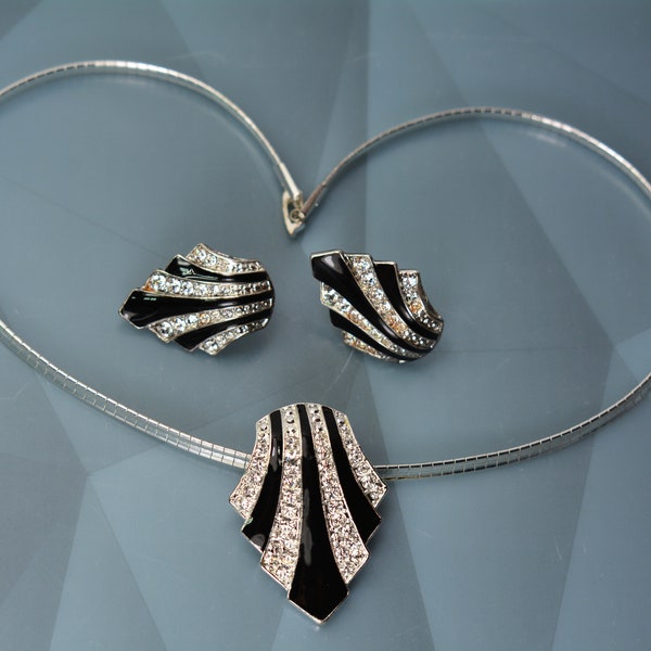 NR NINA RICCI for Avon Art Deco Jewelry Set Collar Necklace Earrings, Black Enamel Crystal Rhinestones, Vintage Signed
