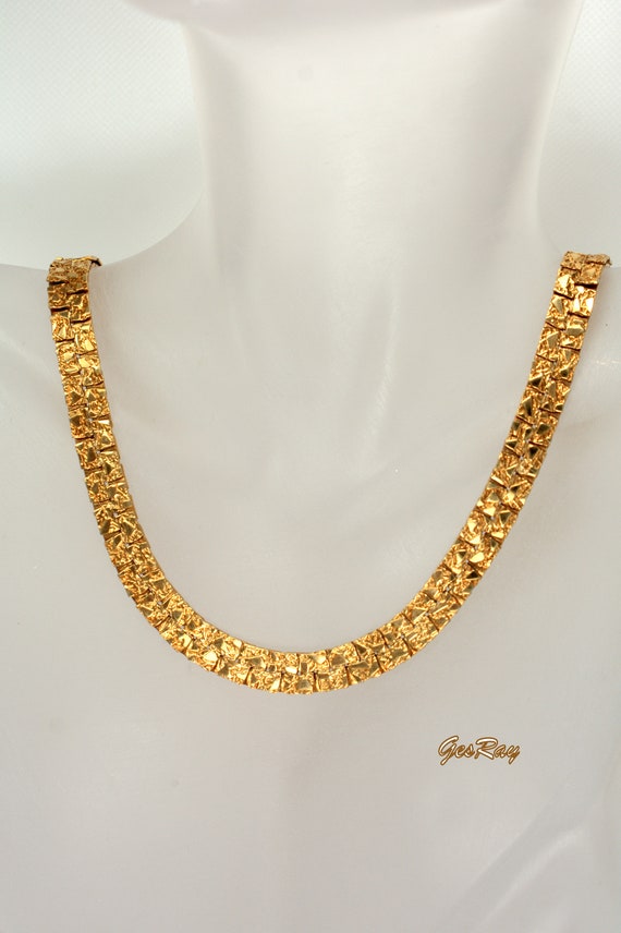 Unisex Gold Nugget Flat Link Textured Necklace, Tw