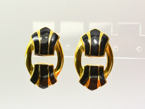 Statement Crown Trifari Earrings Black Enamel Gol… - image 4