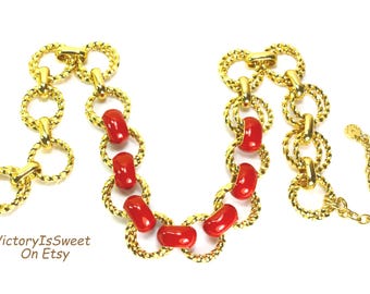 Talbots Chain Link Choker Collar Necklace Gold Red Enamel