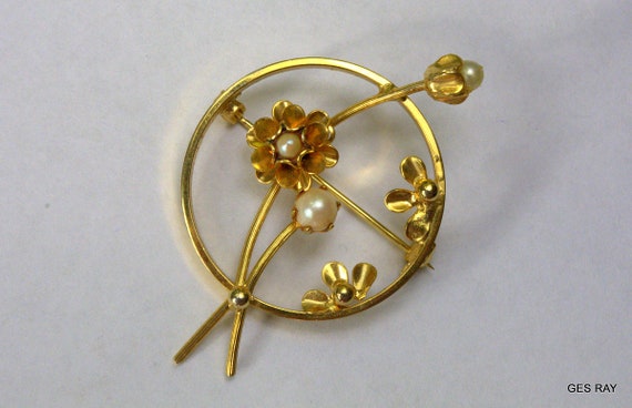 Art Nouveau Brooch Pin Floral Design Gold Genuine… - image 3