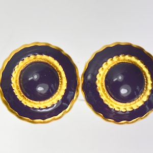Vintage Domed Clip On Earrings: Gold Tone Dark Blue Enamel